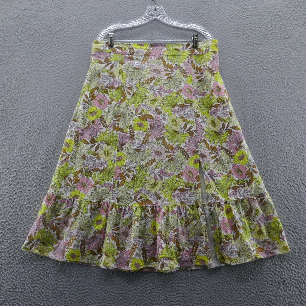 LOFT Floral Linen Blend Midi Skirt Green Pink Ruffle Hem Slit Womens L